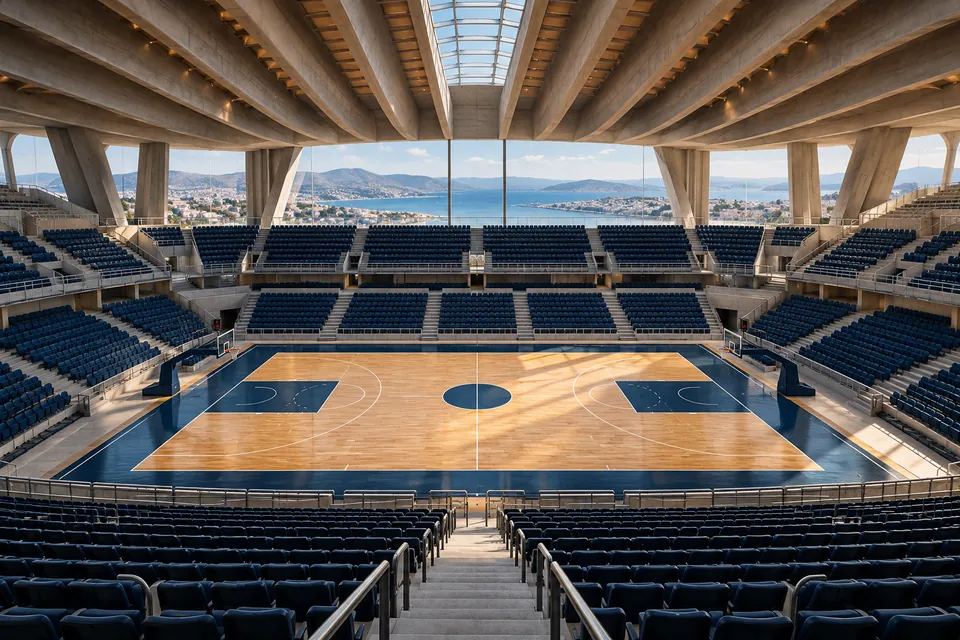 Symmetrical interior of a fictional basketball arena