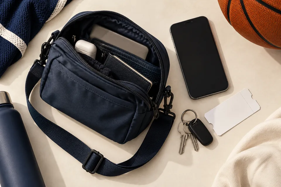 Compact open bag, phone and keys arranged for a game