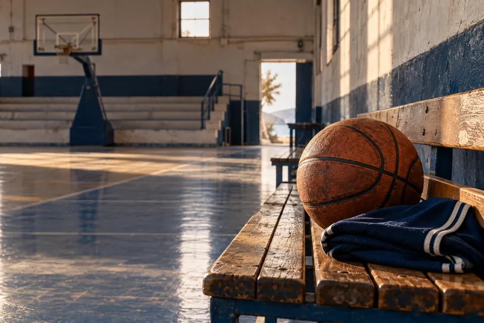 Aged basketball and plain jersey on a wooden gym bench