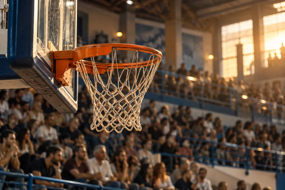 Basketball hoop with spectators out of focus behind it